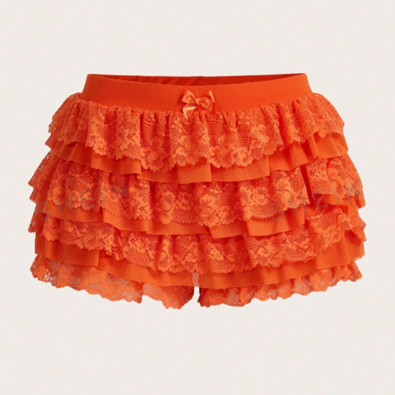 Aiertu  -  Women Lace Trim Layered Ruffle Mini Skirts Cute Bow Mesh Tutu Lolita Ruffled Tiered Micro Skirts Bloomer Pettipants Bottoms Aiertu