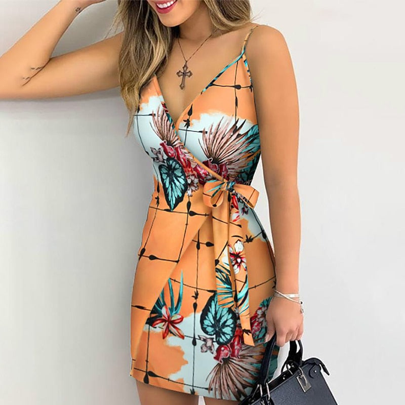 Aiertu Summer Women Holiday Floral Leaves Print Bodycon V-neck Mini Dress Female Spaghetti Strap Bohemian Beachwear Bow Belt Aiertu