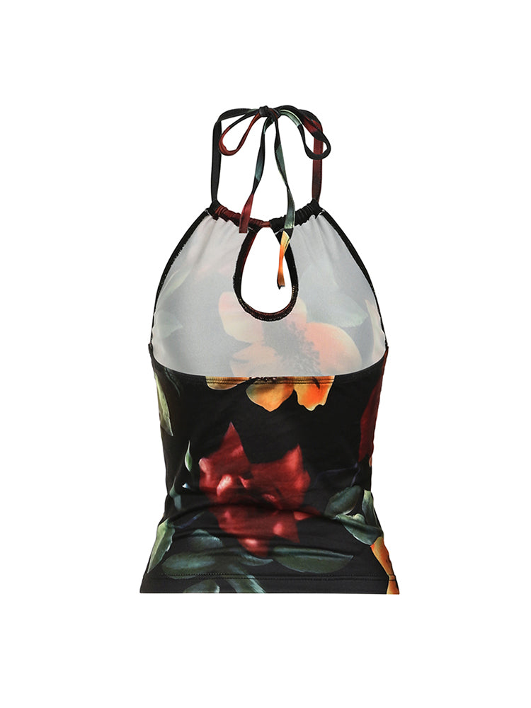 Aiertu - summer inspo Vintage Aesthetic Big Floral Print Slim Backless Tie Halter Top Women Summer Vacation Tank Vest Aiertu