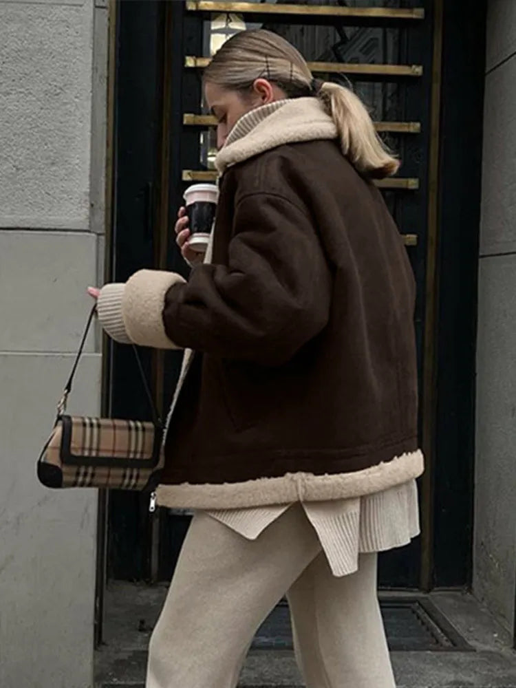 Aiertu  -  Vintage Plush Suede Zipper Jackets Women Casual Loose Lapel Brown Jacket Coats With Pockets Female Winter Warm Street Outwear Aiertu