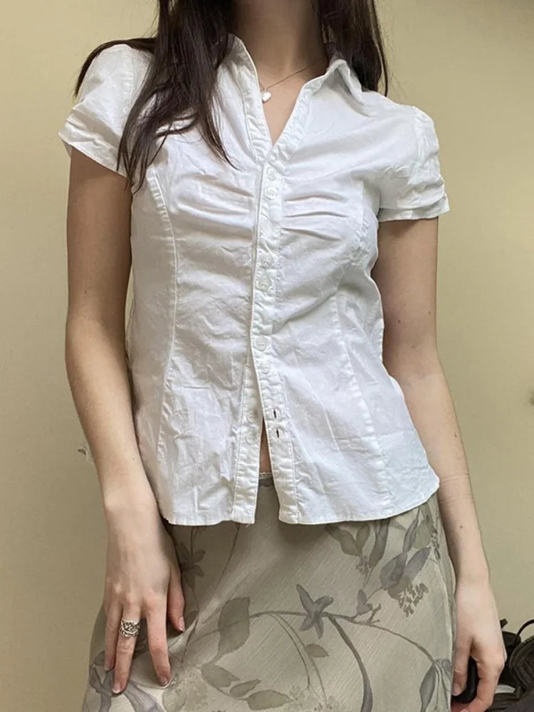 Aiertu  -  Y2k Aesthetic Pleated Puff Sleeve Women Blouse Sexy Single Breasted Slim Grunge Solid Shirt Harajuku Crop Streetwear Blusas Aiertu