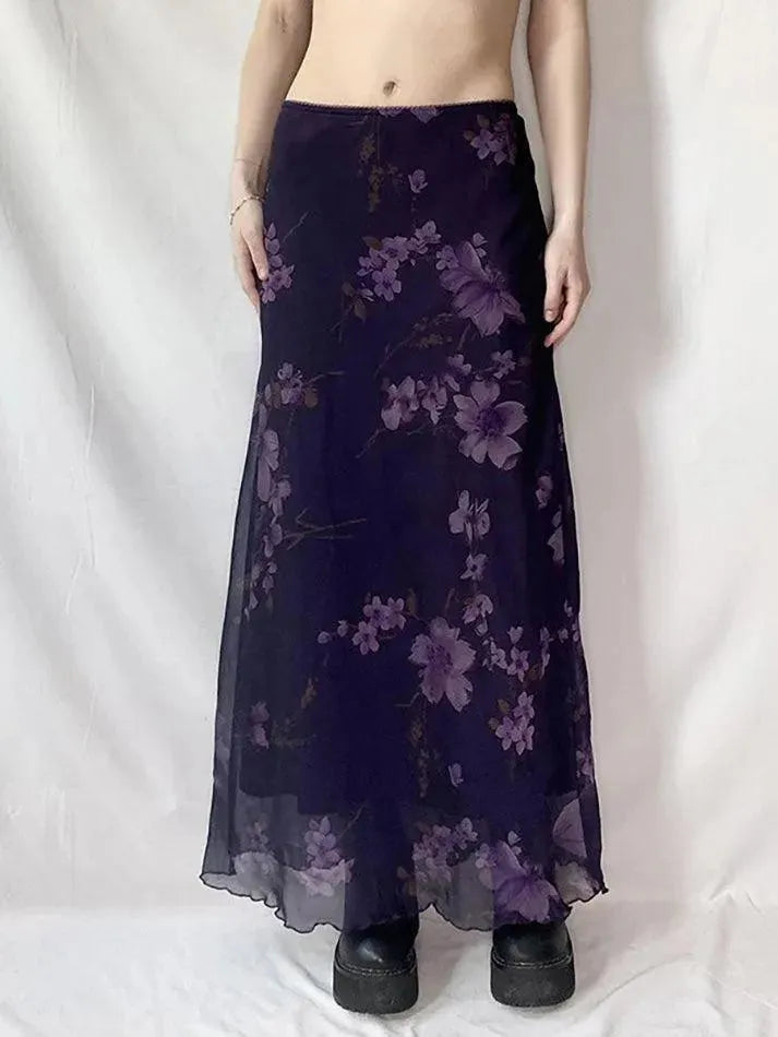 Aiertu  -Purple Floral Print Mesh Maxi Dress aiertu