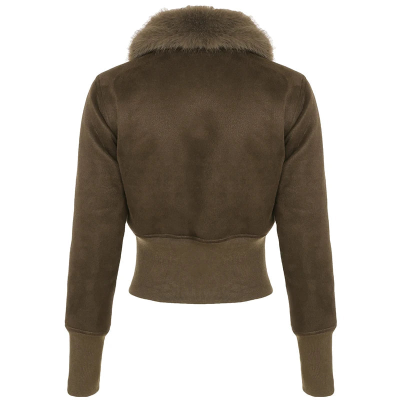 Aiertu  -   Women Retro Fur Collar Faux Suede Zipper Jacket Fashion Y2K Slim Winter Plush Coat Streetwear Korean Aesthetic Outfit Aiertu