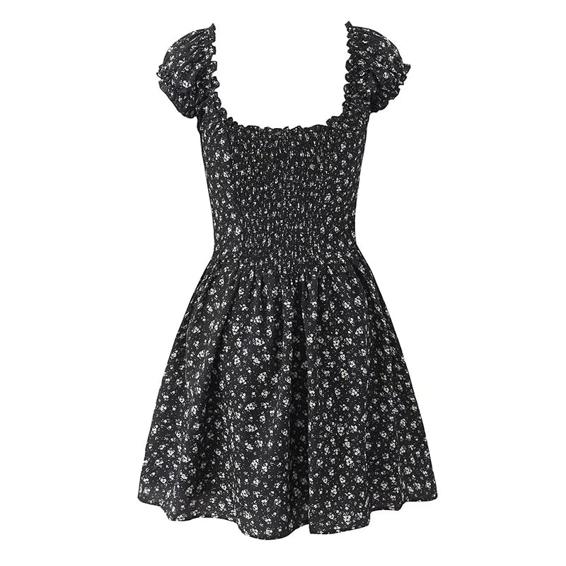 Aiertu  -  Holiday Summer Dresses 2025 Women French Style Floral Print Dress Vintage Short Sleeve V Neck A-line Mini Robe Sundress Aiertu