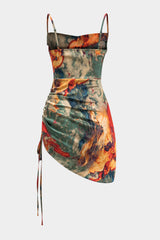 Aiertu  Watercolor Print Satin Ruched Drawstring Slip Mini Dress Aiertu