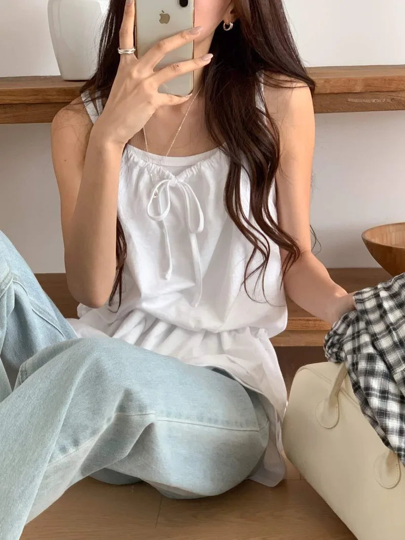 Aiertu  -  Korea Chic Style Camisole Women's Spring Pure Sexy Drawstring Lace-up Slim Fit Strap Top Fashion Female Clothes Aiertu