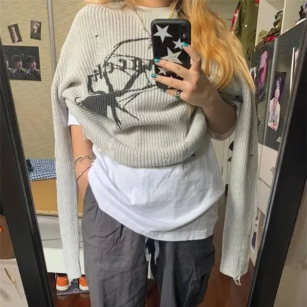 Aiertu  -  High End Fashion Popular All Match Vintage American Sweaters Y2k Aesthetic Print Harajuku Punk Women Loose Pullovers Knitted Tee Aiertu