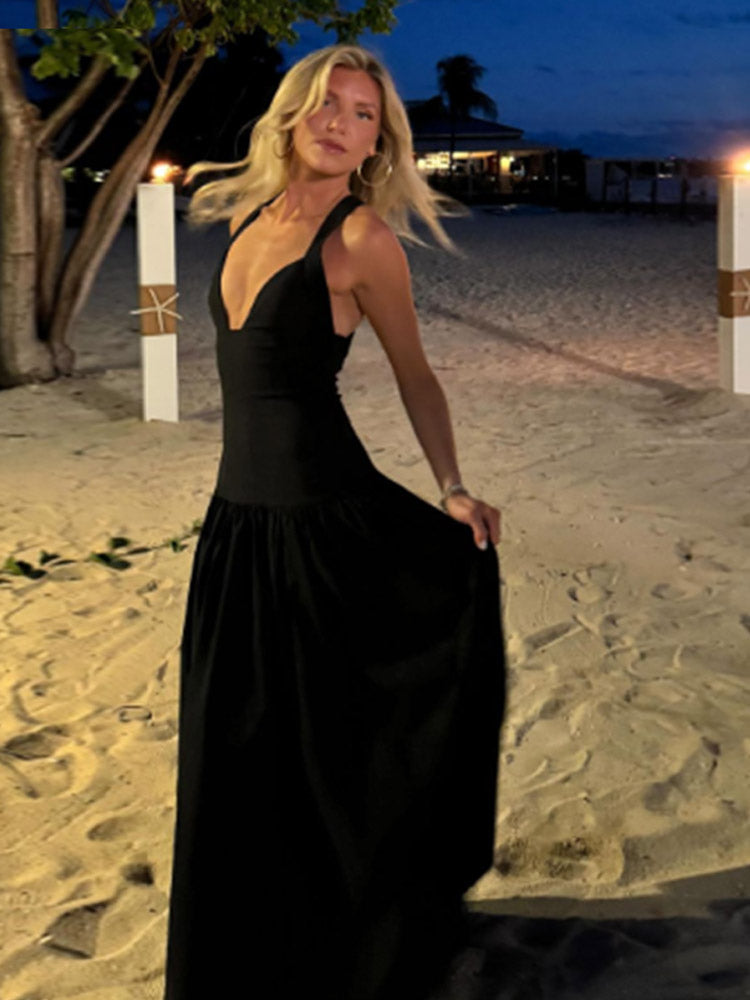 Aiertu  -  Sexy Black Deep V-neck Sling Long Dress Patchwork Backless Sleeveless Dresses 2025 New Spring Summer Female High Street Vestidos Aiertu
