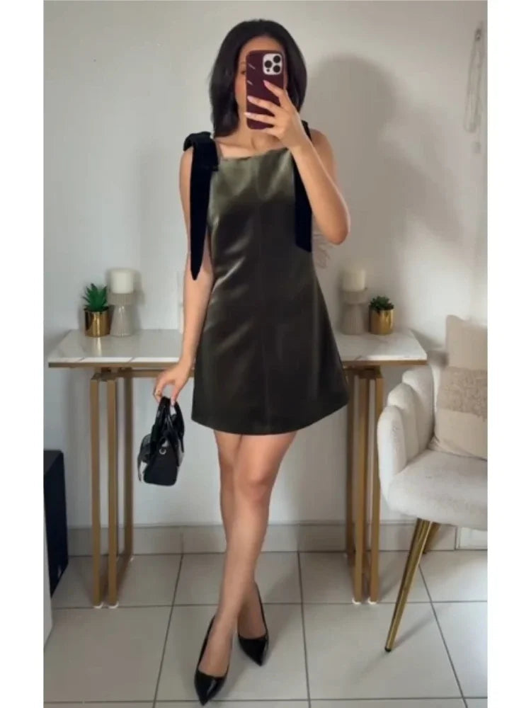 Aiertu  -  Black Elegant Velvet Bow Strap Mini Dress for Women Chic Square Collar Slip Vintage Dress Female Club Party Dress Evening Gown Aiertu
