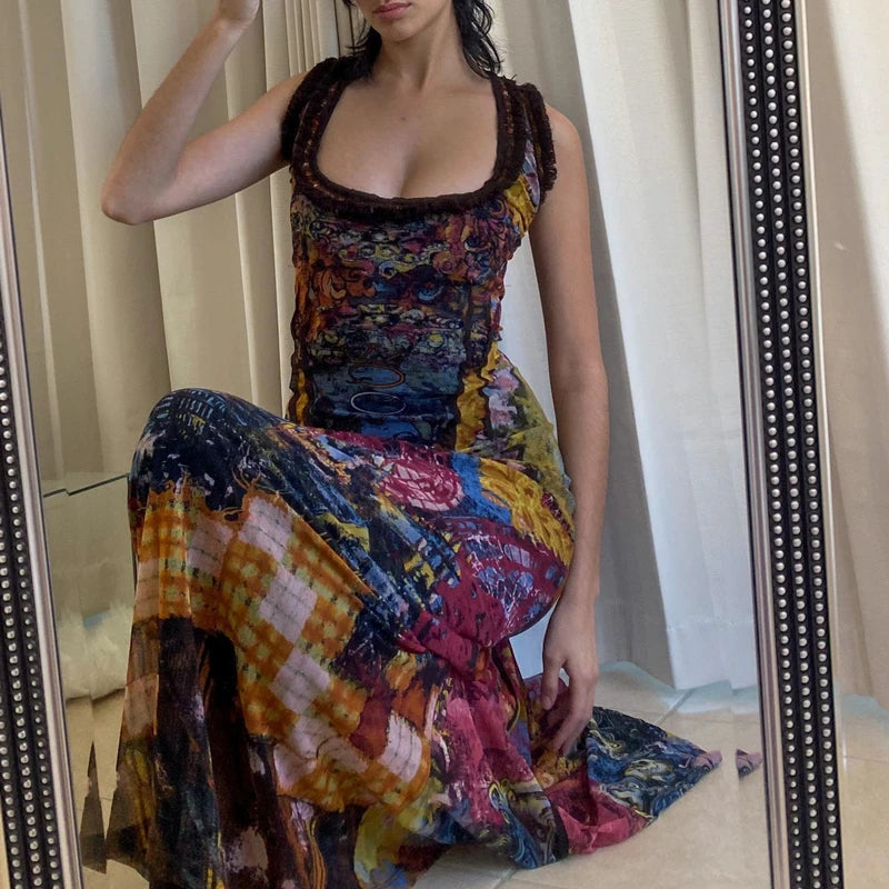 Aiertu  Sexy Backless Hollow Out Sleeveless Maxi Dresses Vintage Oil Painting Print Bodycon Dress Aesthetic Party Slim Vestidos Aiertu