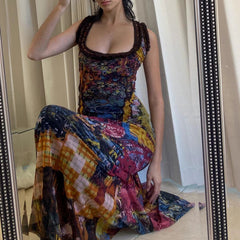Aiertu  Sexy Backless Hollow Out Sleeveless Maxi Dresses Vintage Oil Painting Print Bodycon Dress Aesthetic Party Slim Vestidos Aiertu