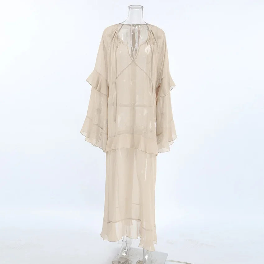 Aiertu  -  Fashion Oversized Cover Up Dress Women 2025 V Neck Loose Streetwear Casual Long Sleeve Maxi Dress Femme Ruffle Dresses Aiertu