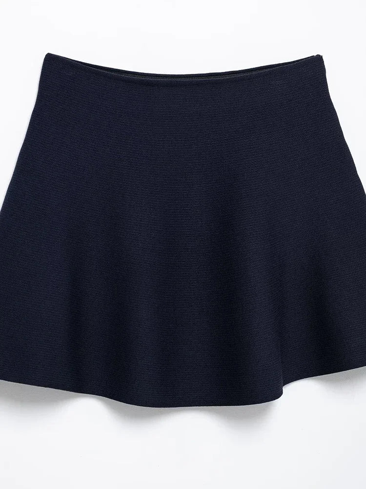 Aiertu  Women Fashion Navy Blue A-Line Knitted Mini Skirt Vintage High Elastic Waist Female Chic Lady Skirts Aiertu