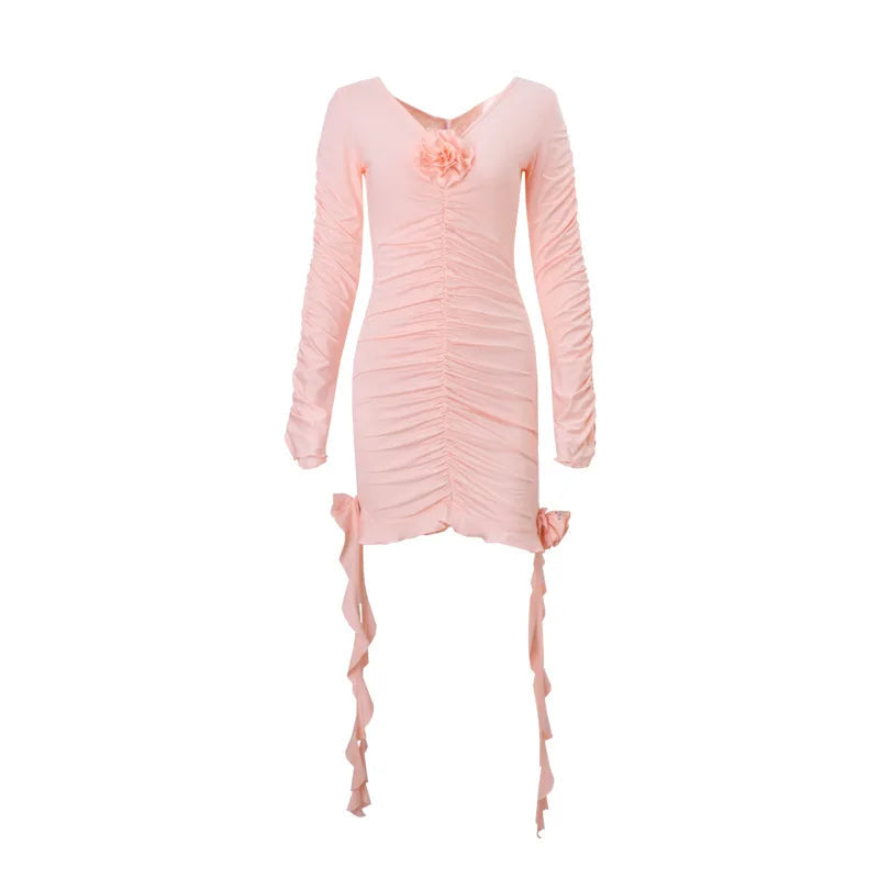 Aiertu  -  Folds Ruffle Mini Dress For Women's Summer Flower V Neck Long Sleeve Pink Dresses Sexy Bodycon Party Sheath Dress Aiertu
