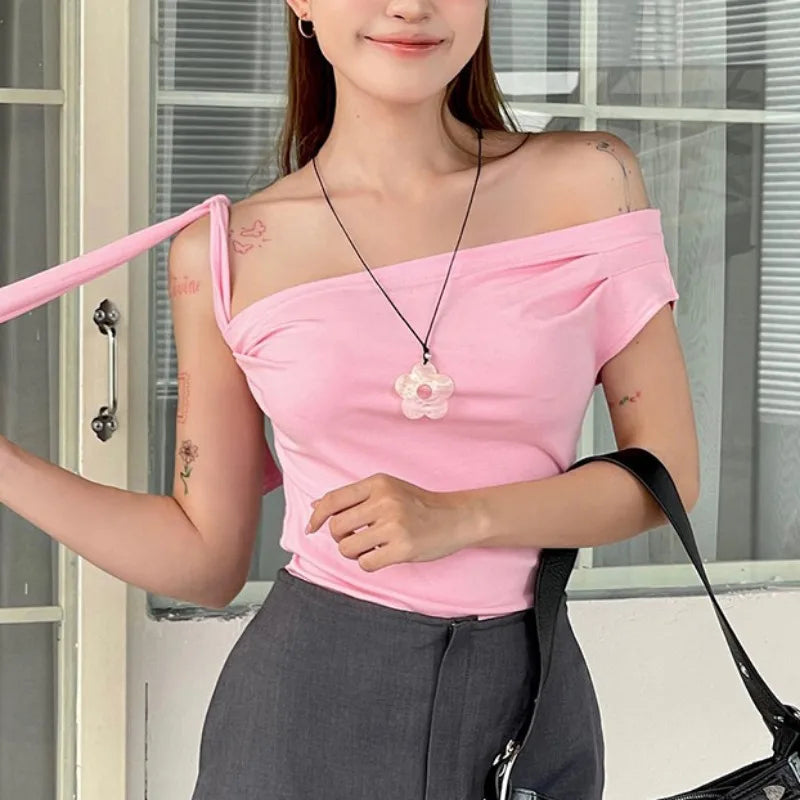 Aiertu  -  2000S New Fashion Folds Bow Solid Color Short Sleeve Sheath T-shirt 2025 Spring Women's Casual Style Slim Fit Lace-up Tees Top Aiertu