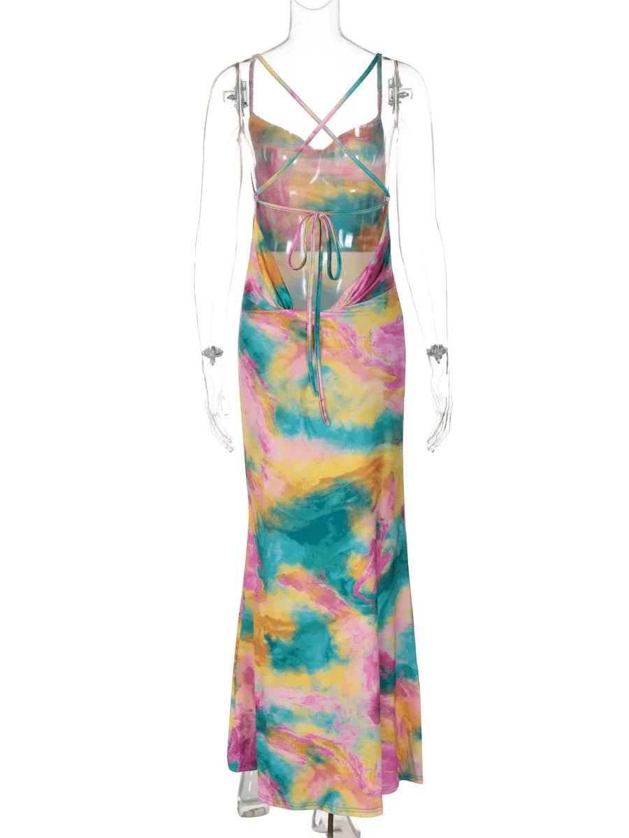 Aiertu  -  Tie dye Cowl Neck Summer Dress Women Open Back Strappy Sleeveless Maxi Long Ombre One-piece Summer Holiday Beachwear Aiertu