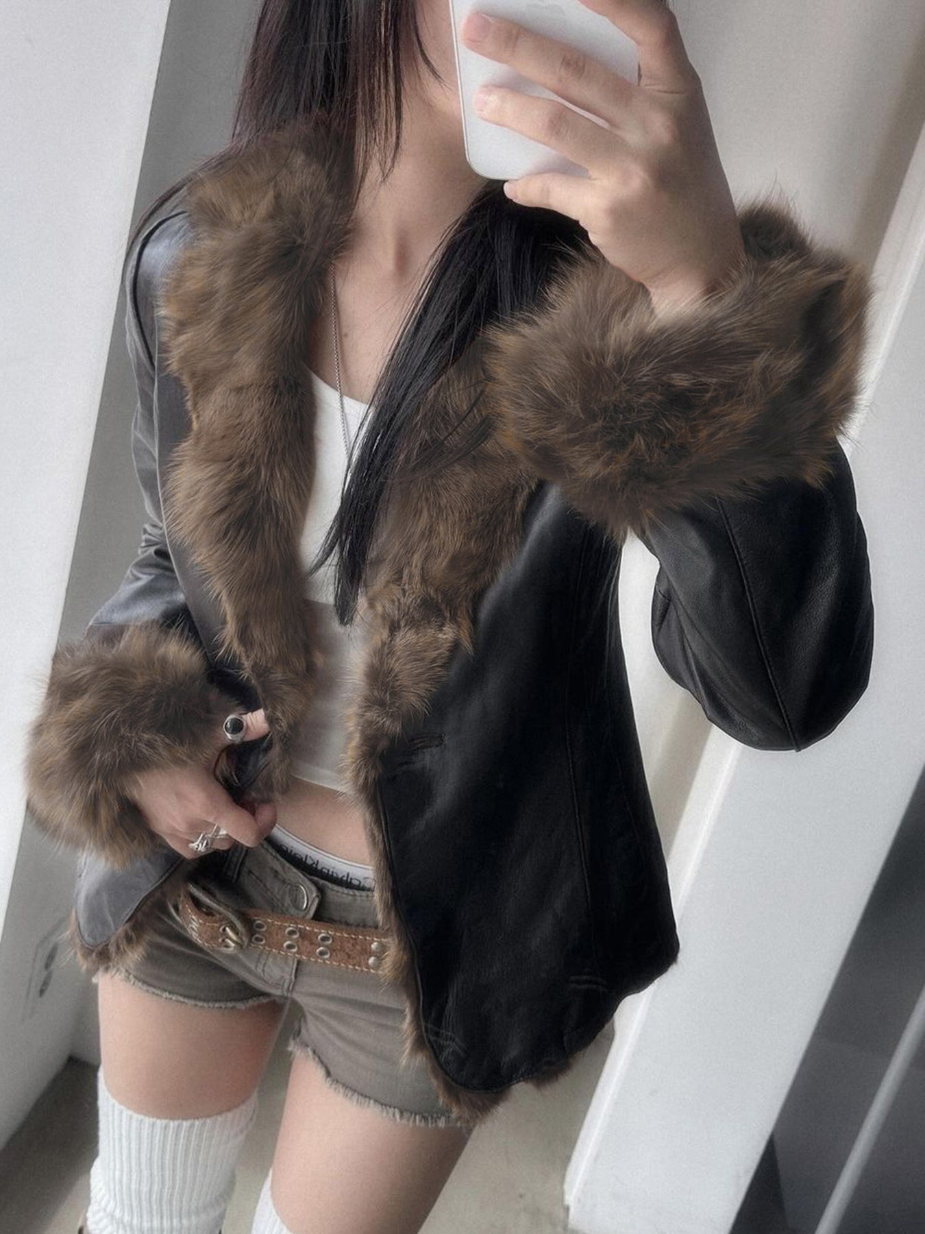 Aiertu - summer inspo Autumn New Clothes Women’s Leather Coat Long Sleeve Spliced Faux Trim Button Slim Fit Chic Coat Aiertu