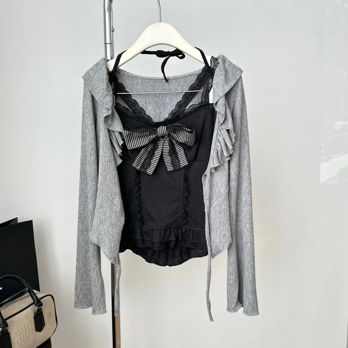 Aiertu new trend inspo Japanese Kawaii Lolita Sweet 3 Piece Set Women Bow Y2k Slim Vest +Casual Cardigan + High Waist Thin Striped Chic Skirt Autumn Aiertu