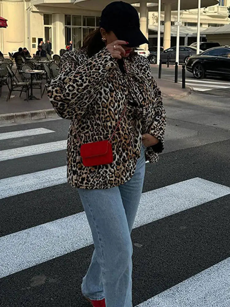 Aiertu  -  Autumn Winter Leopard Print Lace-up Padded Jacket Women Chic Long Sleeve Collarless Loose Coats 2026 New Lady Fashion Streetwear Aiertu