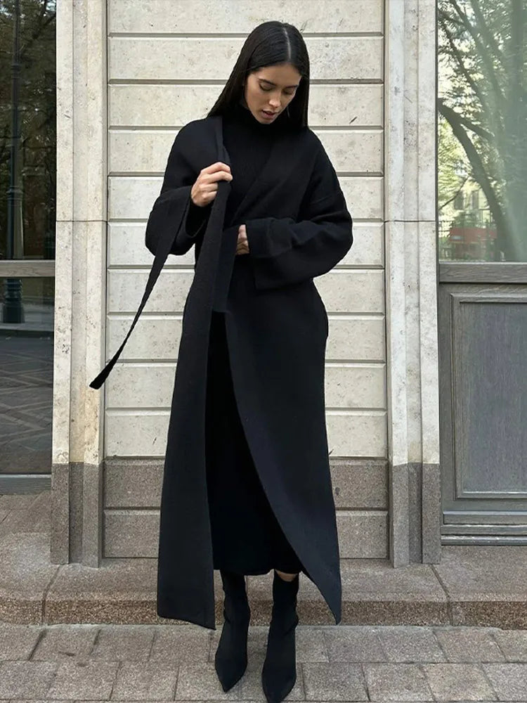 Aiertu  -  Elegant Solid Knitted Women Cardigan Long Sleeve Loose Female Coat 2024 Casual Lace Up Belt Lazy V-neck Lady Knitwear Coats Aiertu