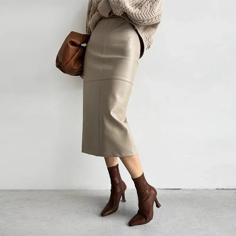 Aiertu  -  Solid Pu Leather Women Skirts High Waist Hip Package Female Half Skirt A Line Autumn Winter New Fashion Lady Maxi Rube Aiertu
