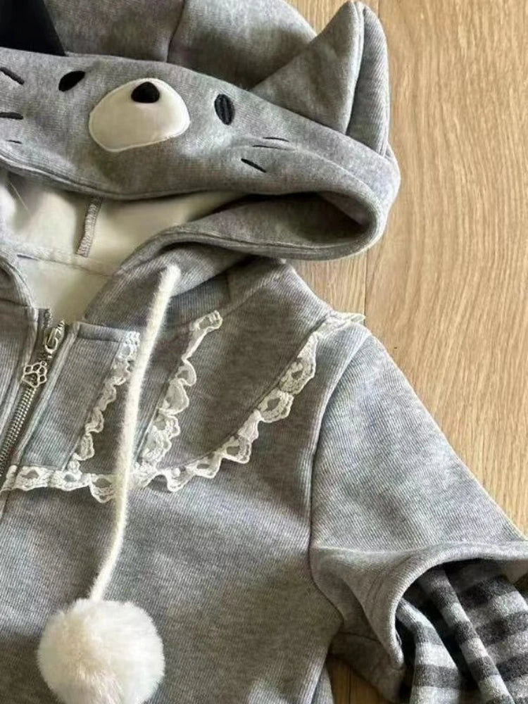 Aiertu  -  Harajuku Stripe Hoodies Women Kawaii Tops Cat Ear Hooded Jacker Grunge Streetwear Lace Patch Y2k Aesthetic Zipper Sweatshirt Aiertu