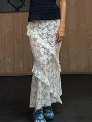 Aiertu  See Through Lace Midi Skirt Aiertu