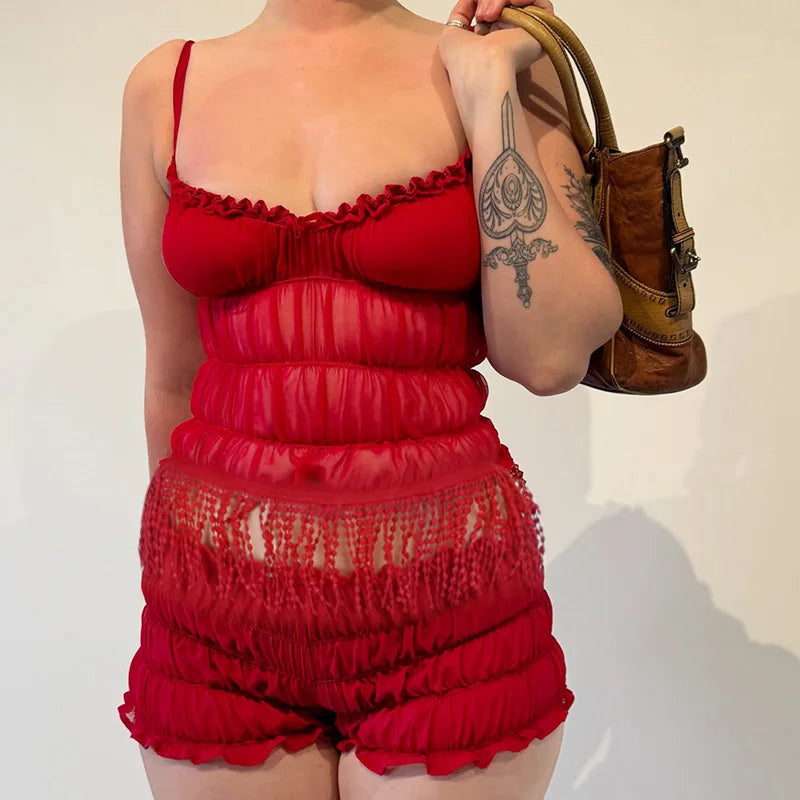 Aiertu  -  2 Piece Sets Woman Outfit Sexy Fringed Ruched Mesh Top and Shorts Solid Matching Sets Summer Wear 2025 P66-FZ18 Aiertu
