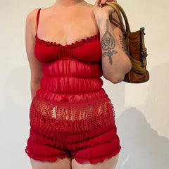 Aiertu  -  2 Piece Sets Woman Outfit Sexy Fringed Ruched Mesh Top and Shorts Solid Matching Sets Summer Wear 2025 P66-FZ18 Aiertu