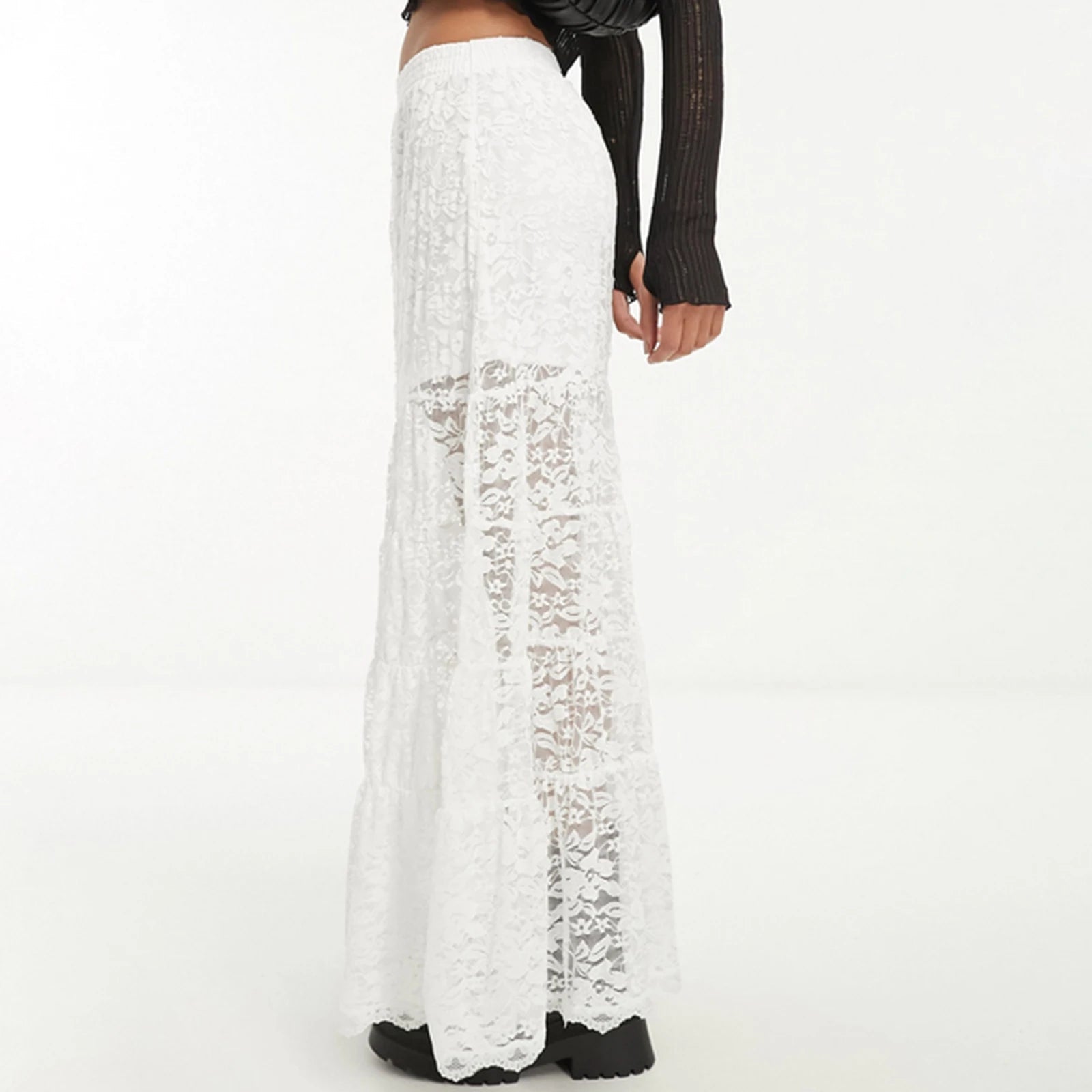 Aiertu  -  Summer Sexy Solid Color Lace Skirt Elastic Waist Mesh Sheer A-Line Long Skirts with Lined for Women Aiertu