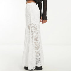 Aiertu  -  Summer Sexy Solid Color Lace Skirt Elastic Waist Mesh Sheer A-Line Long Skirts with Lined for Women Aiertu