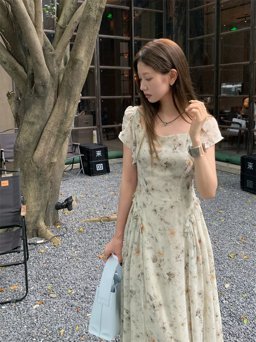 Aiertu  -  Vintage Elegant Women's Slim Summer Long Chiffon Dress Smudge Flower Square Collar Flattering Maxi Sundress Female Aiertu