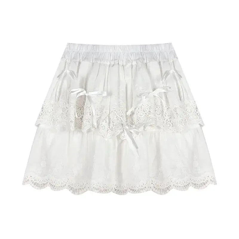 Aiertu Coquette White Lace Short Skirt Ruffle Women Sweet Bow Kawaii Mini Skirts Patchwork Layered A-line Aesthetics Skirt Aiertu
