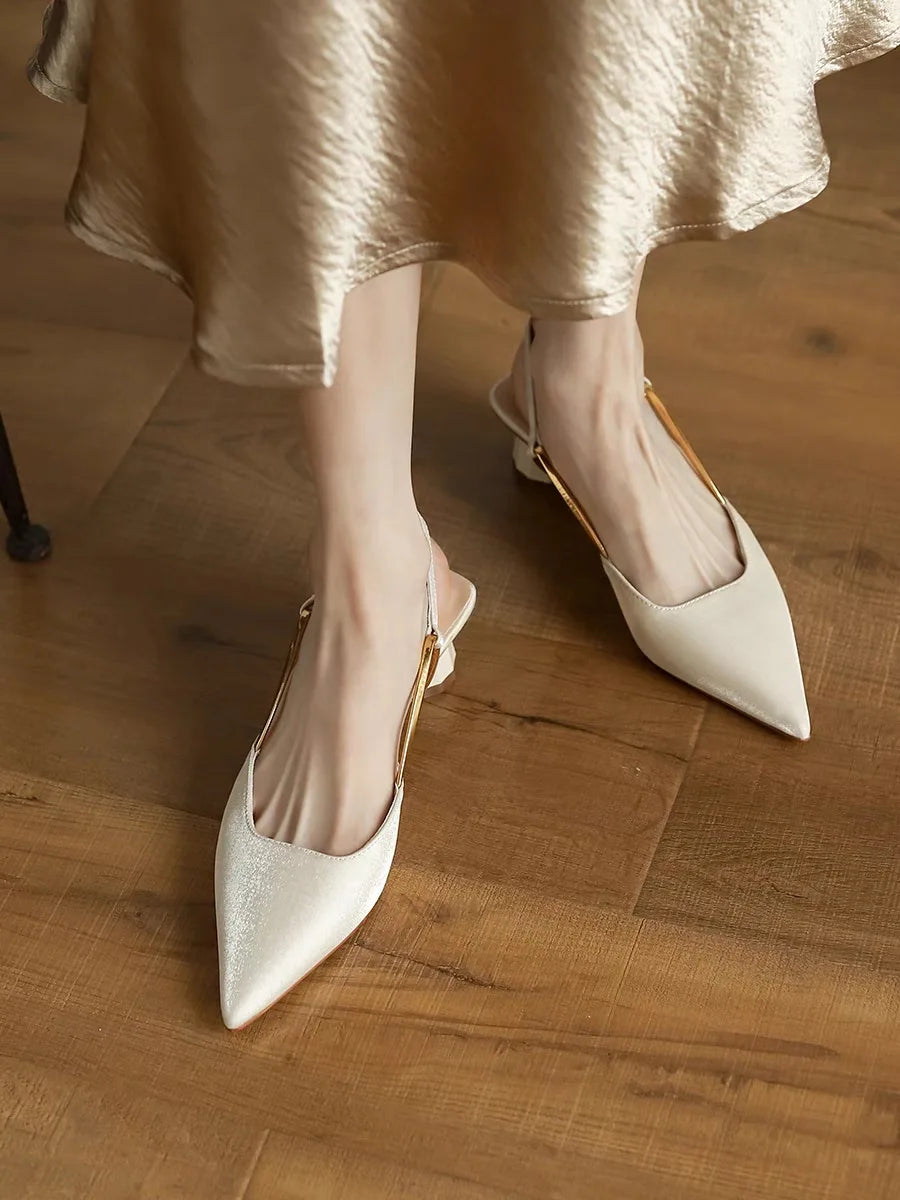 Aiertu  -  French Satin Style Sandals 2025 Spring Women New Baotou Mid Heel Design Luxury Pointed Versatile Single Shoes Aiertu