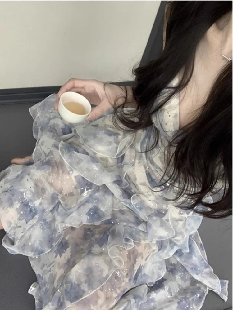 Aiertu  -  Elegant Floral Ruffles Fairy Holiday Dresses Summer New Women's Irregular Spaghetti Straps One Piece Korean Party Dress Clothes Aiertu