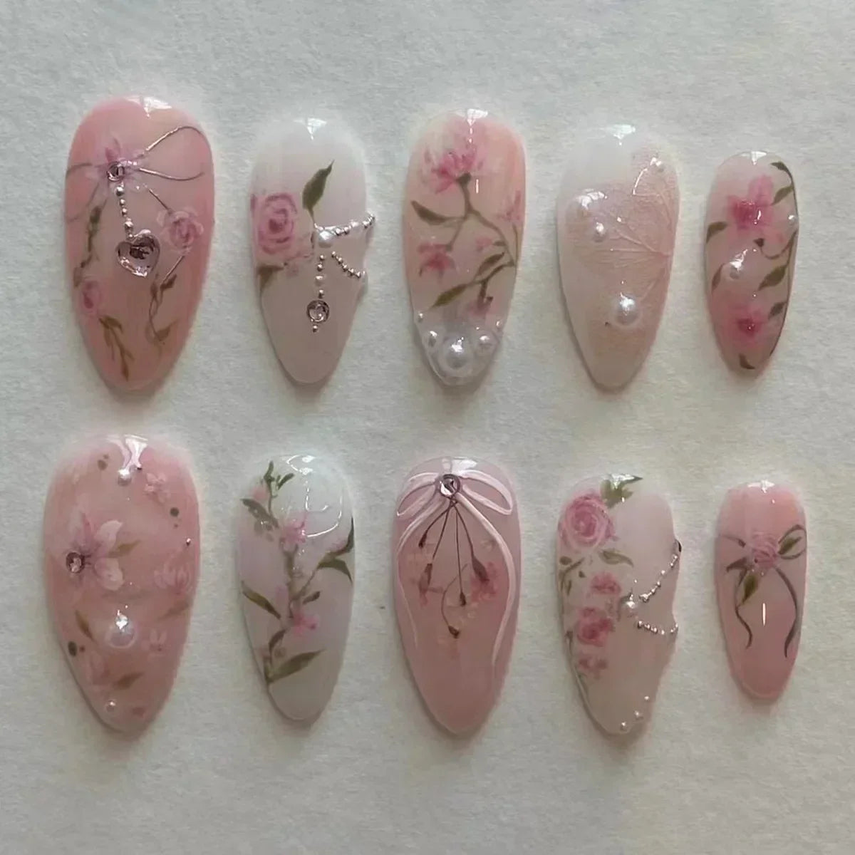 Aiertu 24Pcs Pink Almond French Press on Nails With 3D Bow ripple charms Design Fake Nails Ballerina False Nails Full Cover Nail Tips Aiertu