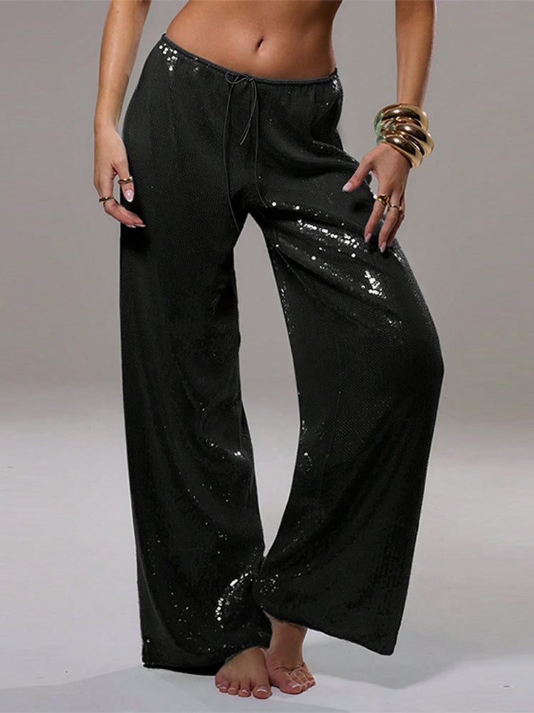 Aiertu  Loose Solid Color Sequin Pants Woman Cinched Waist Glitter Straight Baggy Long Pants Casual Street Chic Sparkle Women's Trousers Aiertu