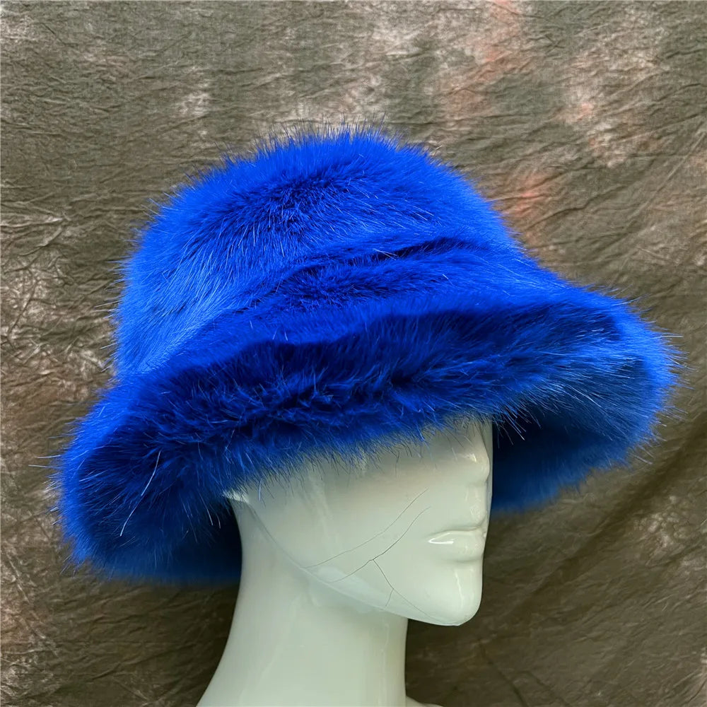 Aiertu  -  Autumn Winter Women Keep Warm Rainbow Faux Fox Fur Basin Cap Female Fashion Casual Party Bucket hat Music Festival Thickened Hat Aiertu