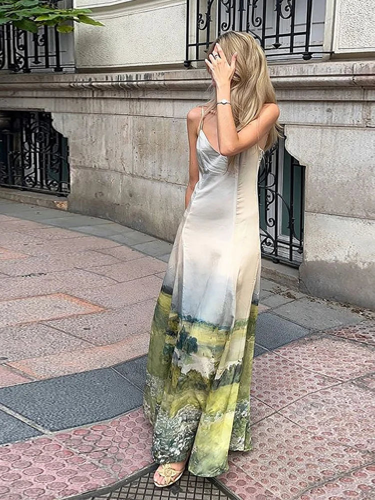 Aiertu  -  Printed Halter Women Dress Ink Wash Style Satin V-Neck Bikini Suspender Slimming Waist Cinching Retro Beach Strap Long Dress Aiertu