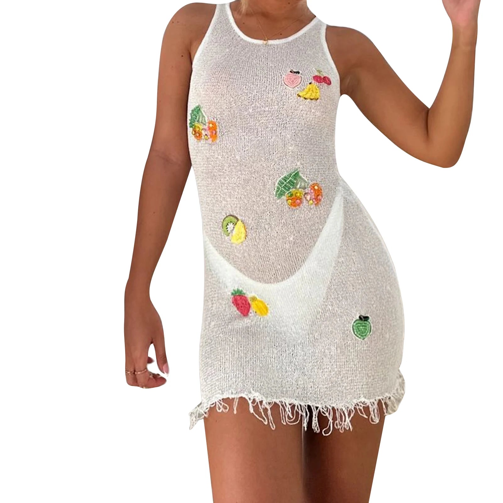 Aiertu  -   Women s Sleeveless Knitted Dress with Round Neckline and Colorful Fruit Patchwork Design Perfect for Summer Beachwear Aiertu