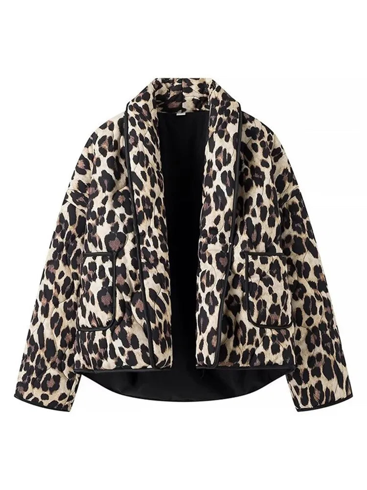 Aiertu  -  Women Casual Leopard Printed Cotton Jacket Fashion Lapel Long Sleeved With Pockets Cardigan 2026 Autumn Winter Lady Chic Coats Aiertu