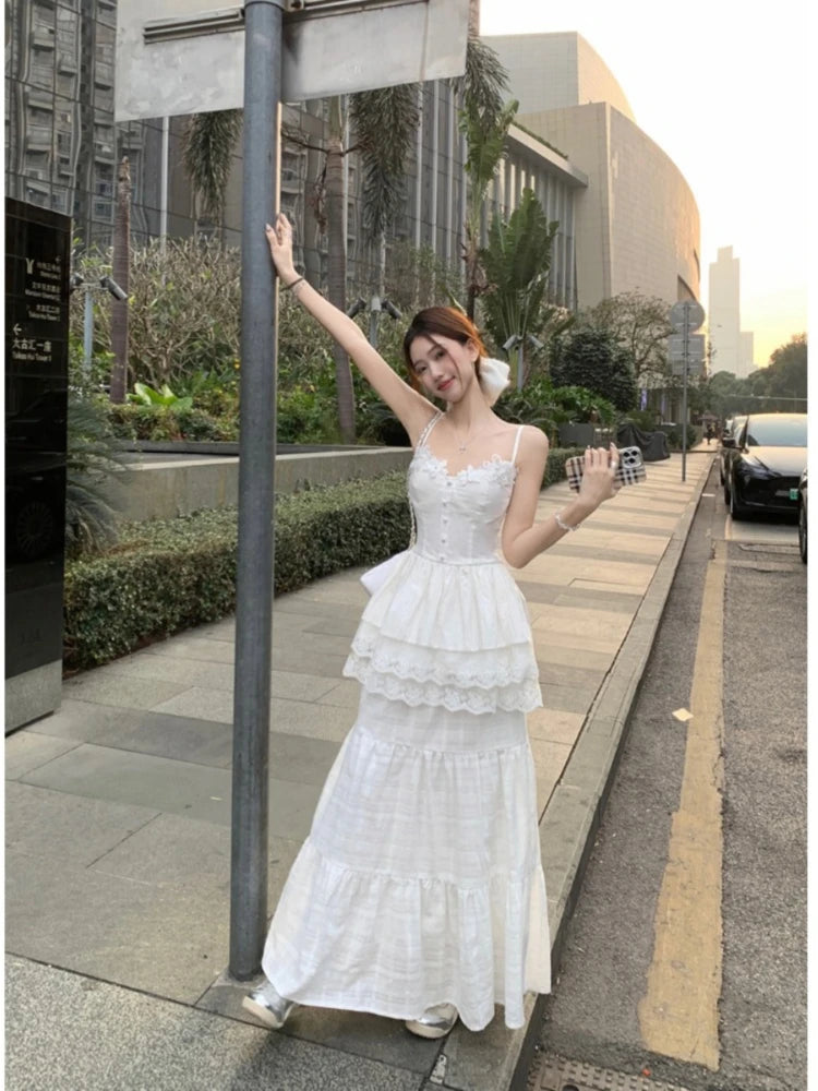 Aiertu  -  White Dress Ladies Temperament Patchwork Lace Two-piece Suit Spring Summer 2025 New Elegant Princess Dress Simplicity Suit Aiertu