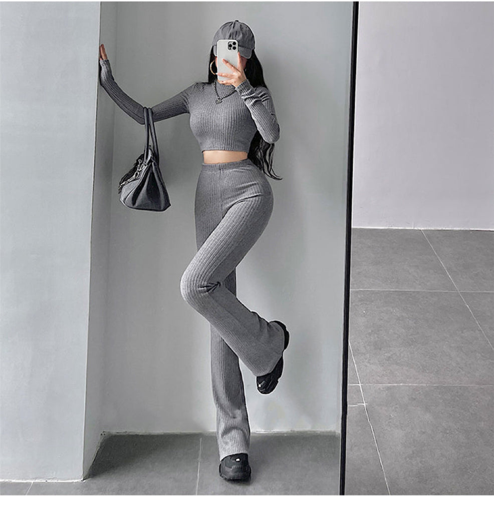Aiertus Solid Color Ribbed Slim Long Sleeve Cropped Top High Waist Pants Matching Set Aiertu