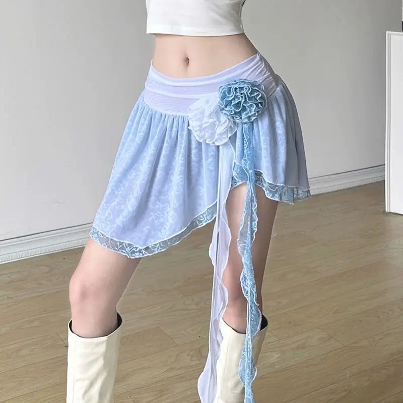 Aiertu outfit ideas French Elegant Sweet Rose Ribbon Gauze Skirt Female Short Double-layer Asymmetric Y2k Hotsweet Girls Spice Pleated Mini Skirts Aiertu