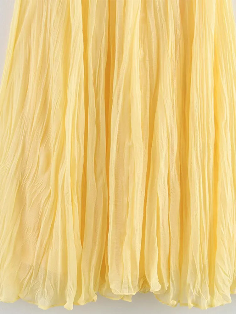 Aiertu  -  Yellow Pleated Long Skirts For Women Casual High Waist A-line Female Vestidos Spring Summer Loose Ladies Streetwear 2025 New Aiertu