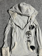 Aiertu  -  Y2k Aesthetic Print Fur Patchwork Hoodie Women Streetwear Drawstring Hooded Tops Harajuku Sweatshirt Slim Grunge Pocket Hoody Aiertu