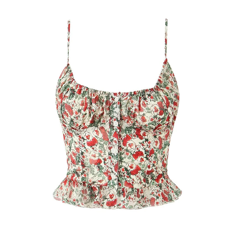 Aiertu  -  New Women Sexy Thin Straps O Neck Hem Ruffle Floral Print Camis Summer Holiday Crop Top ropa de mujer Aiertu
