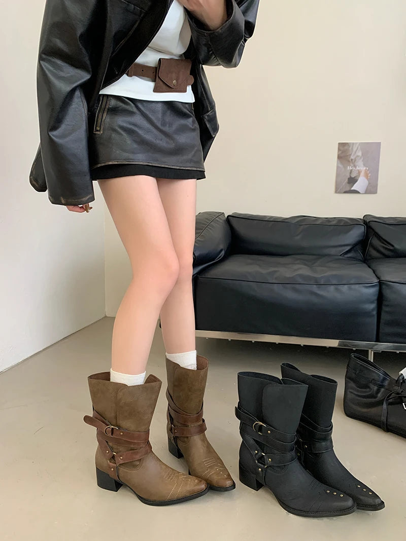 Aiertu    -  Black Chunky Heels Ankle Boots Woman Pointed Toe Rivet Fall Shoes Belt Buckle Western Style Cowboy Boots Zapatos Mujer Aiertu
