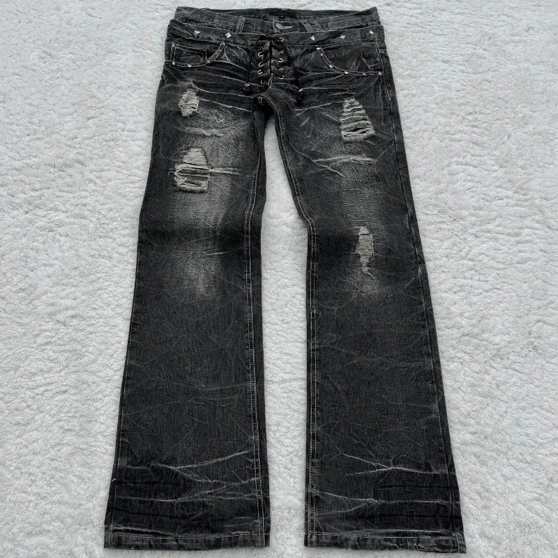 Aiertu  -  Streetwear Washed Jeans for Mens and Womens Goth Harajuku Retro Double Waist Lace Up Jeans Hip Hop Punk Ripped Wide Leg Trousers Aiertu