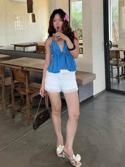 Aiertu  -  Sexy 2-Piece Set Women Vacation Beach Party Halter Backless Sleeveless Tank Top+Mesh Tierred Shorts Matching Suits Aiertu